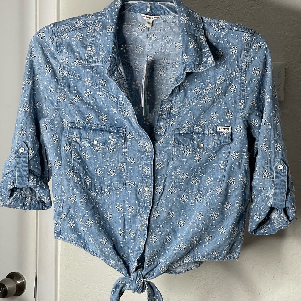 Guess Blue Button Down Shirt with Notched Collar and Tie Front